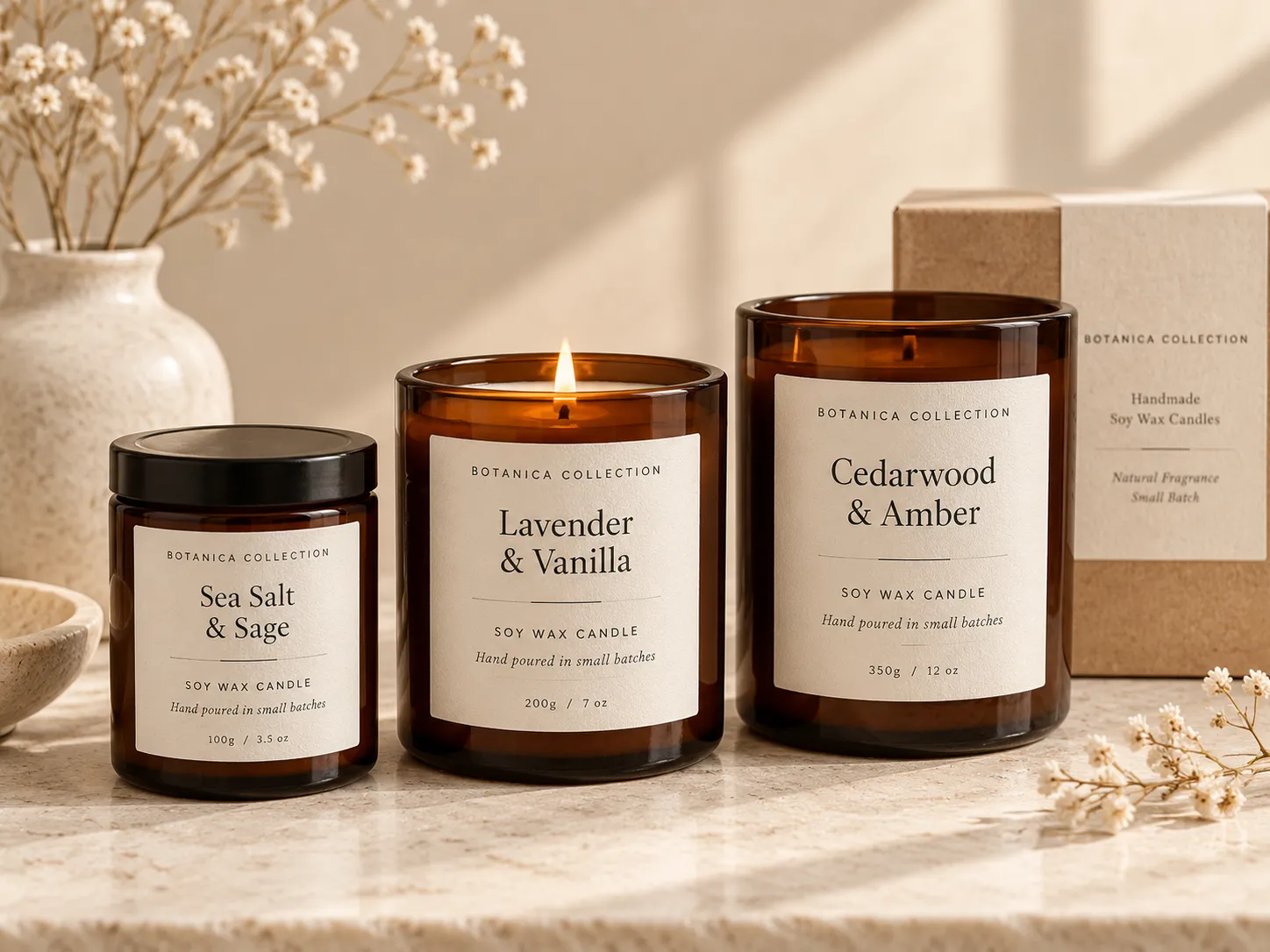 Premium candle jar packaging with custom labels