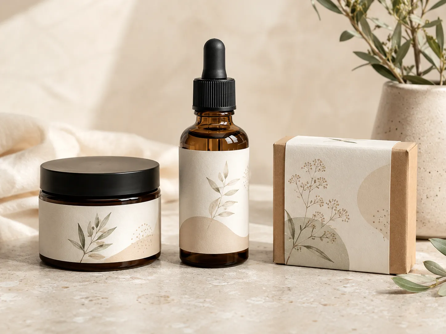 Handmade soap and skincare packaging with elegant labels